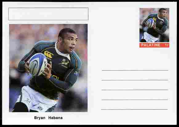 Palatine (Fantasy) Personalities - Bryan Habana (rugby) postal stationery card unused and fine, stamps on personalities, stamps on sport, stamps on rugby