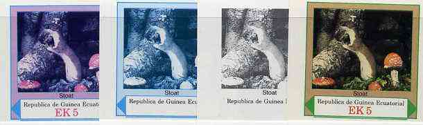 Equatorial Guinea 1977 European Animals EK5 (Stoat and Wild Mushrooms) set of 4 imperf progressive proofs on ungummed paper comprising 1, 2, 3 and all 4 colours (as Mi 1139) , stamps on animals    fungi