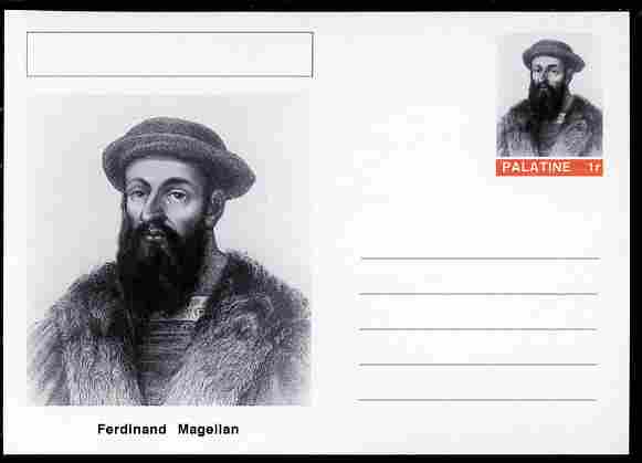 Palatine (Fantasy) Personalities - Ferdinand Magellan (explorer) postal stationery card unused and fine, stamps on personalities, stamps on explorers, stamps on ships