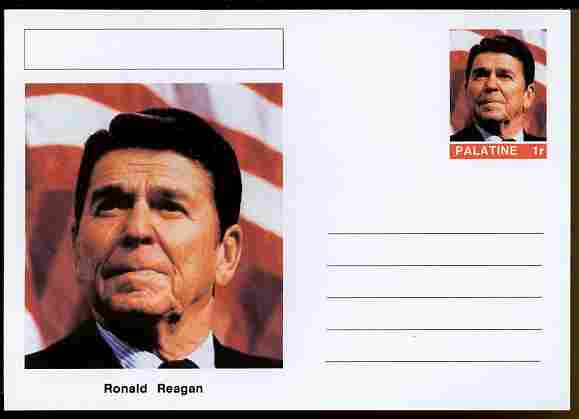 Palatine (Fantasy) Personalities - Ronald Reagan (40th USA President) postal stationery card unused and fine, stamps on , stamps on  stamps on personalities, stamps on  stamps on constitutions, stamps on  stamps on usa presidents, stamps on  stamps on americana, stamps on  stamps on reagan, stamps on  stamps on films, stamps on  stamps on cinema, stamps on  stamps on movies