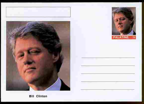 Palatine (Fantasy) Personalities - Bill Clinton (42nd USA President) postal stationery card unused and fine, stamps on personalities, stamps on constitutions, stamps on usa presidents, stamps on americana, stamps on clinton