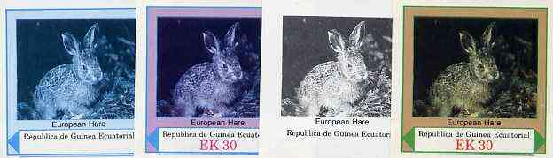 Equatorial Guinea 1977 European Animals EK30 (European Hare) set of 4 imperf progressive proofs on ungummed paper comprising 1, 2, 3 and all 4 colours (as Mi 1142), stamps on animals    