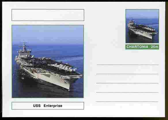 Chartonia (Fantasy) Ships - USS Enterprise postal stationery card unused and fine, stamps on transport, stamps on ships, stamps on flat tops, stamps on aviation, stamps on militaria