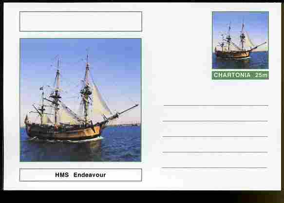 Chartonia (Fantasy) Ships - HMS Endeavour postal stationery card unused and fine, stamps on transport, stamps on ships, stamps on cook, stamps on explorers