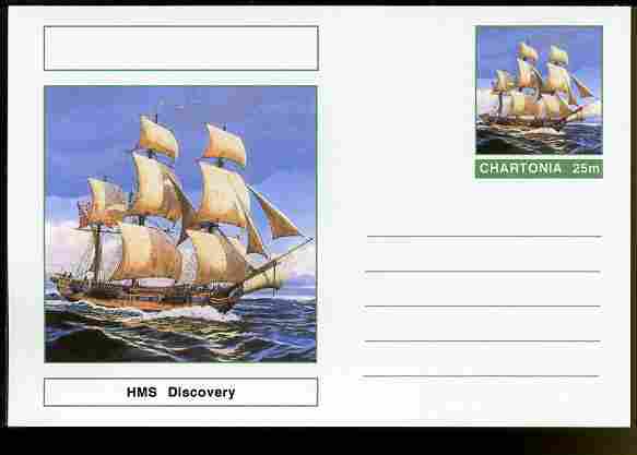 Chartonia (Fantasy) Ships - HMS Discovery postal stationery card unused and fine, stamps on transport, stamps on ships, stamps on cook, stamps on explorers
