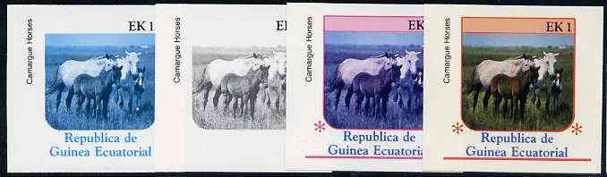 Equatorial Guinea 1976 Horses EK1 (Camargue Horses) set of 4 imperf progressive proofs on ungummed paper comprising 1, 2, 3 and all 4 colours (as Mi 805), stamps on animals       horses