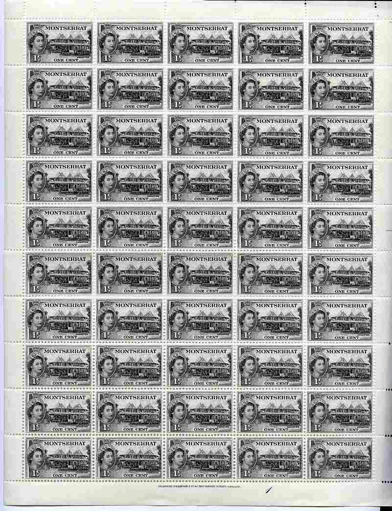 Montserrat 1953-62 QEII Government House 1c black in complete sheet of 50 unmounted mint SG 137, stamps on buildings.constitutions