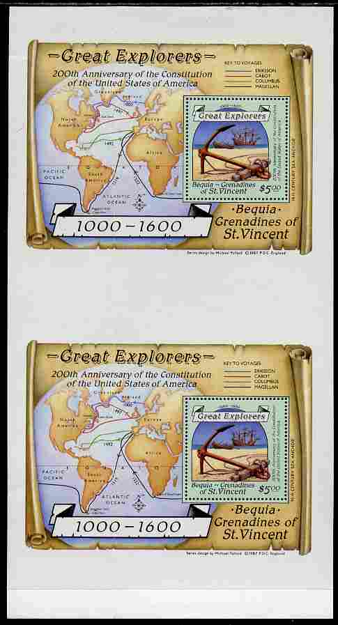 St Vincent - Bequia 1988 Explorers $5 m/sheet (Map & Anchor) vert pair unmounted mint from an uncut archive proof sheet, folded vertically but extremely rare. , stamps on , stamps on  stamps on explorers      maps      anchor    ships