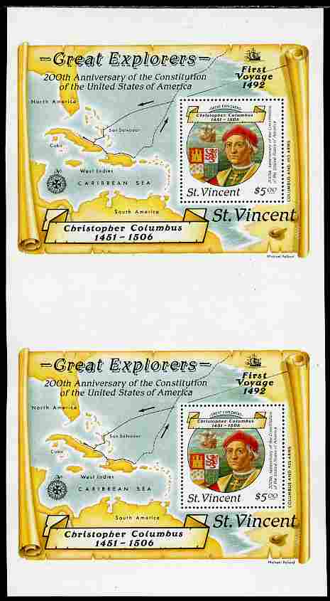 St Vincent 1988 Columbus $5 m/sheet vertical pair from uncut press sheet unmounted mint and scarce (only 45 pairs exist). , stamps on columbus, stamps on explorers, stamps on personalities, stamps on parrots, stamps on ships, stamps on maps