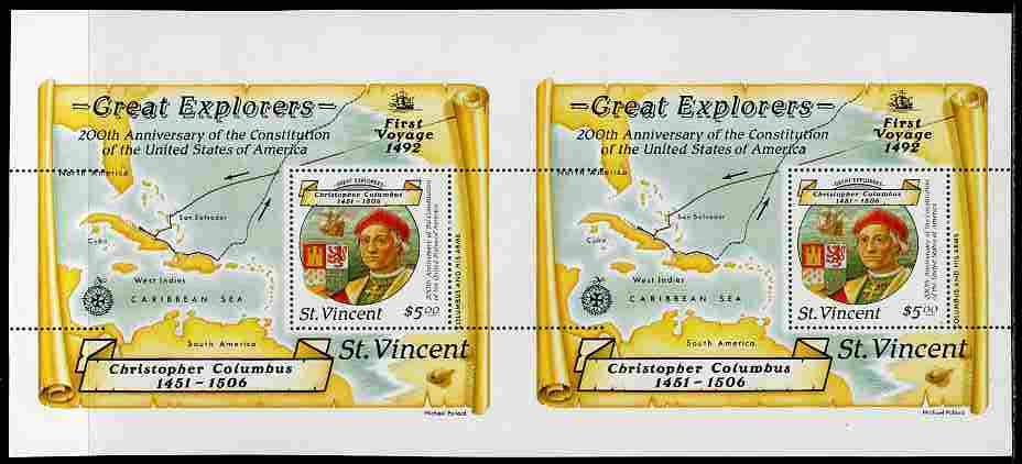 St Vincent 1988 Columbus $5 m/sheet horiz pair from uncut press sheet horizontal perfs extended at right unmounted mint and scarce (only 8 pairs exist). , stamps on columbus, stamps on explorers, stamps on personalities, stamps on parrots, stamps on ships, stamps on maps
