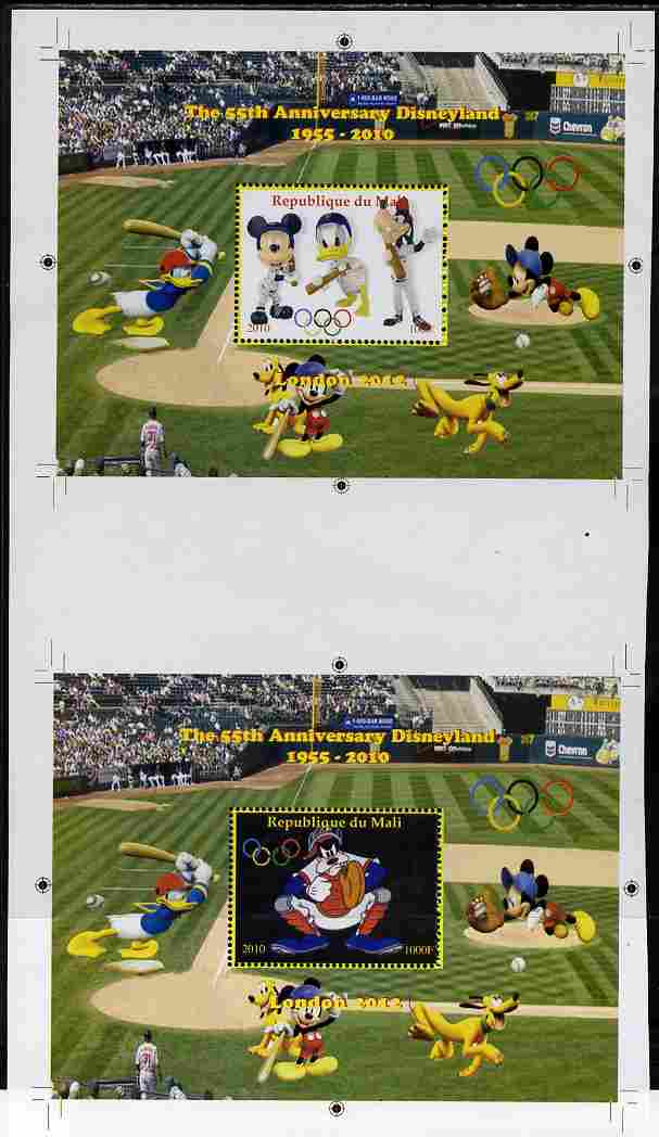 Mali 2010 The 55th Anniversary of Disneyland - Baseball s/sheets #4 & #6 se-tenant from uncut perf proof sheet (3 exist) unmounted mint, stamps on disney, stamps on films, stamps on cinema, stamps on movies, stamps on cartoons, stamps on sport, stamps on baseball