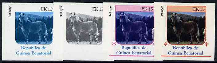 Equatorial Guinea 1976 Horses EK15 (Haflinger) set of 4 imperf progressive proofs on ungummed paper comprising 1, 2, 3 and all 4 colours (as Mi 809), stamps on animals       horses