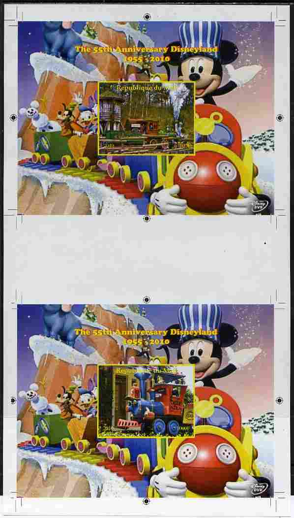 Mali 2010 The 55th Anniversary of Disneyland - Mickey Mouse Railway s/sheets #02 & #07 se-tenant from uncut imperf proof sheet (3 exist) unmounted mint, stamps on , stamps on  stamps on disney, stamps on  stamps on films, stamps on  stamps on cinema, stamps on  stamps on movies, stamps on  stamps on cartoons, stamps on  stamps on railways