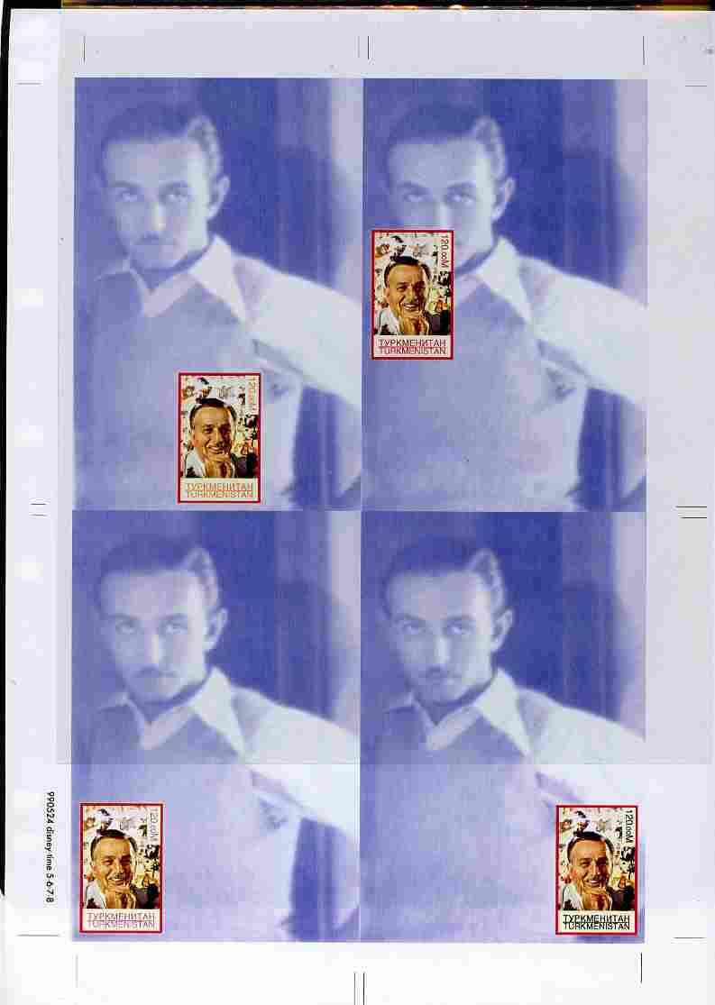 Turkmenistan 1999 Personalities - Walt Disney uncut imperforate proof sheet containing 4 souvenir sheets with Disney stamp in positions 4, 7, 8 & 9, unmounted mint and scarce with less than 10 such sheets produced, stamps on personalities, stamps on films, stamps on entertainments, stamps on disney, stamps on movies, stamps on cinema, stamps on 