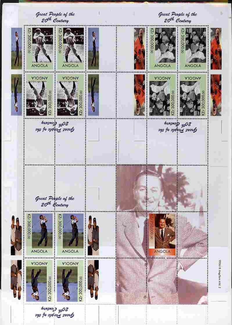 Angola 1999 Great People of the 20th Century uncut perforated proof sheet containing sheetlets of Babe Ruth, Einstein, Aoki & Walt Disney, unmounted mint and scarce with ..., stamps on personalities, stamps on films, stamps on entertainments, stamps on disney, stamps on movies, stamps on cinema, stamps on einstein, stamps on science, stamps on physics, stamps on nobel, stamps on maths, stamps on space, stamps on judaica, stamps on atomics, stamps on golf, stamps on baseball, stamps on sport