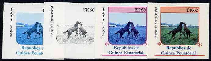 Equatorial Guinea 1976 Horses EK60 (Hungarian Thoroughbred) set of 4 imperf progressive proofs on ungummed paper comprising 1, 2, 3 and all 4 colours (as Mi 811), stamps on animals, stamps on horses