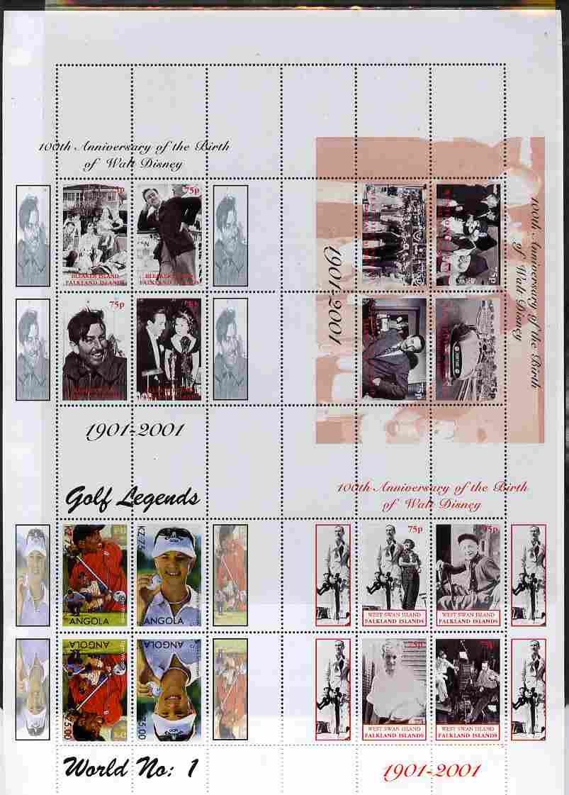 Falkland Islands 2001 Birth Centenary of Walt Disney uncut perforated proof sheet containing sheetlets of 4 from Westpoint, Bleaker Island & West Swan Island plusAngola G..., stamps on personalities, stamps on films, stamps on entertainments, stamps on disney, stamps on movies, stamps on cinema, stamps on golf, stamps on sport