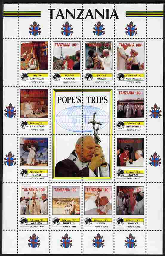 Tanzania 1992 Pope's Visits 1980-82 perf sheet of 16 containing 12 values plus 4 labels unmounted mint , stamps on personalities, stamps on pope, stamps on popes, stamps on religion
