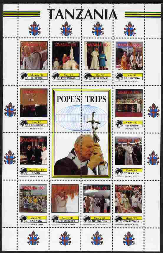 Tanzania 1992 Popes Visits 1982-83 perf sheet of 16 containing 12 values plus 4 labels unmounted mint , stamps on personalities, stamps on pope, stamps on popes, stamps on religion