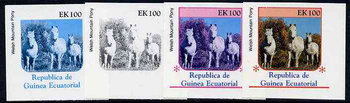 Equatorial Guinea 1976 Horses EK100 (Welsh Mountain Pony) set of 4 imperf progressive proofs on ungummed paper comprising 1, 2, 3 and all 4 colours (as Mi 812), stamps on animals       horses