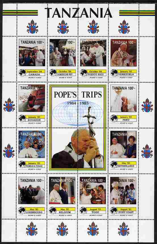Tanzania 1992 Pope's Visits 1984-85 perf sheet of 16 containing 12 values plus 4 labels unmounted mint , stamps on personalities, stamps on pope, stamps on popes, stamps on religion