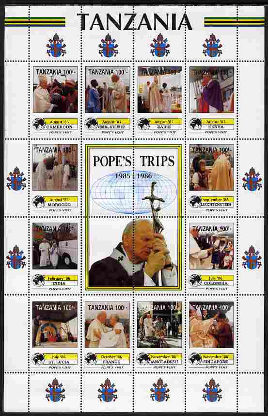 Tanzania 1992 Popes Visits 1985-86 perf sheet of 16 containing 12 values plus 4 labels unmounted mint , stamps on personalities, stamps on pope, stamps on popes, stamps on religion