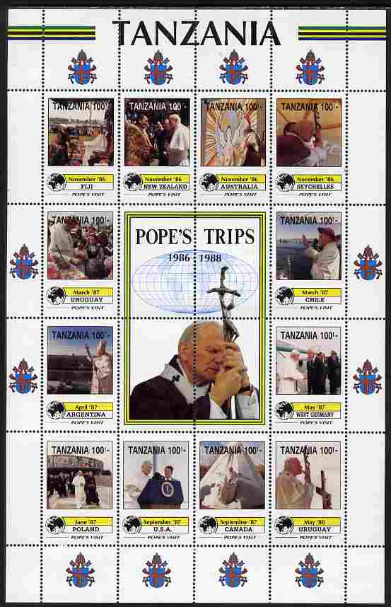 Tanzania 1992 Popes Visits 1986-88 perf sheet of 16 containing 12 values plus 4 labels unmounted mint , stamps on personalities, stamps on pope, stamps on popes, stamps on religion