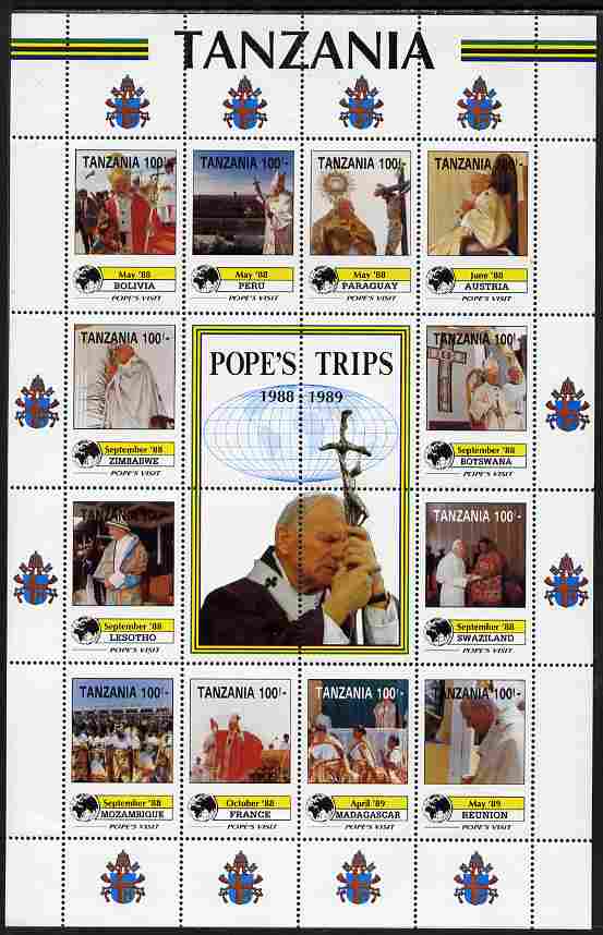 Tanzania 1992 Pope's Visits 1988-89 perf sheet of 16 containing 12 values plus 4 labels unmounted mint , stamps on personalities, stamps on pope, stamps on popes, stamps on religion
