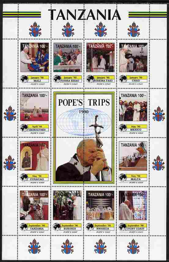Tanzania 1992 Popes Visits 1990 perf sheet of 16 containing 12 values plus 4 labels unmounted mint , stamps on personalities, stamps on pope, stamps on popes, stamps on religion