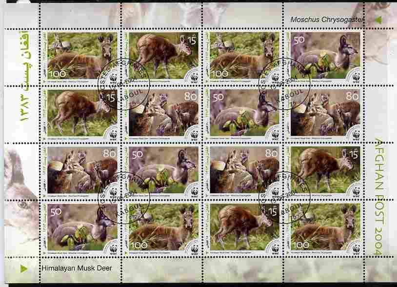 Afghanistan 2004 WWF - Himalayan Musk Deer perf sheetlet of 16 containing 4 x sets of 4 fine cto used, stamps on animals, stamps on  wwf , stamps on deer
