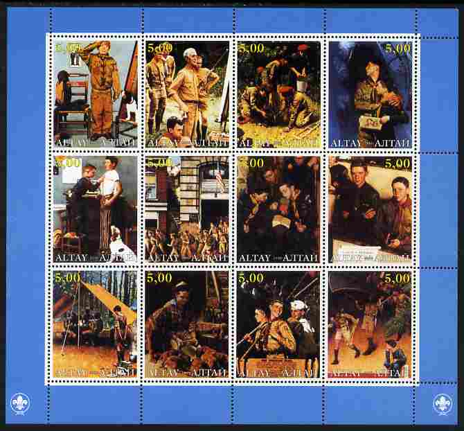 Altaj Republic 2000 Norman Rockwell Scouts perf sheetlet containing 12 values unmounted mint, stamps on , stamps on  stamps on scouts, stamps on  stamps on arts, stamps on  stamps on rockwell