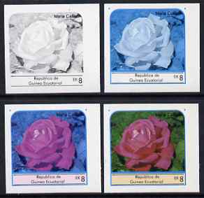 Equatorial Guinea 1976 Roses EK8 (Maria Callas) set of 4 imperf progressive proofs on ungummed paper comprising 1, 2, 3 and all 4 colours (as Mi 975) , stamps on flowers    roses