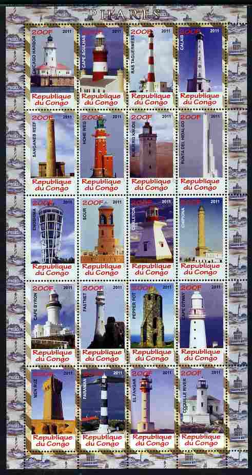 Congo 2011 Lighthouses perf sheetlet containing 20 values unmounted mint, stamps on lighthouses