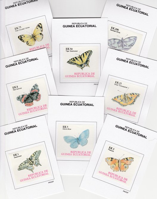 Equatorial Guinea (613) 1977 BUTTERFLIES set of 8 imperf each mounted on Prppf cards, as Michel 1197-1204B, stamps on 