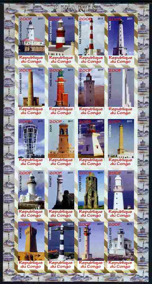 Congo 2011 Lighthouses imperf sheetlet containing 20 values unmounted mint, stamps on lighthouses