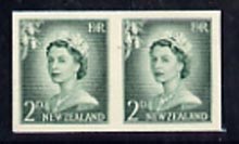 New Zealand 1955-59 QEII 2d bluish-green (large numeral) IMPERF horiz pair on thin card, rare thus, as SG747, stamps on qeii, stamps on 