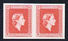 New Zealand 1954 Official QEII 3d vermilion IMPERF horiz pair on thin card, rare thus, as SG O163, stamps on 