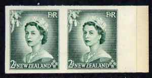 New Zealand 1953-59 QEII 2d bluish green IMPERF horiz pair on thin card, rare thus, as SG726, stamps on 