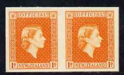 New Zealand 1954 Official QEII 1d orange IMPERF horiz pair on thin card, rare thus, as SG O159, stamps on 