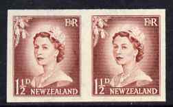 New Zealand 1955-59 QEII 1.5d brown-lake (large numeral) IMPERF horiz pair on wmkd gummed paper unmounted mint, SG 746var , stamps on qeii, stamps on 