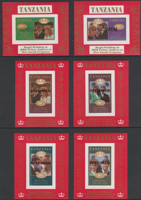 Tanzania 1986 Royal Wedding (Andrew & Fergie) the unissued set of 6 individual imperf deluxe sheets (10s, 20s, 30s, 60s, 80s & 90s) each overprinted SPECIMEN unmounted mi..., stamps on royalty, stamps on andrew, stamps on fergie, stamps on 