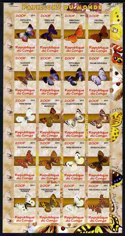 Congo 2011 Butterflies of the World #1 imperf sheetlet containing 20 values unmounted mint, stamps on butterflies