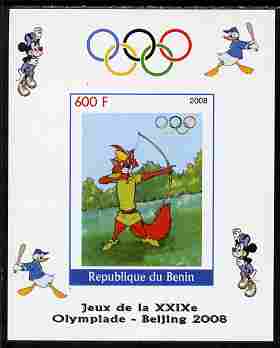 Benin 2008 Beijing Olympics - Disney Characters - Archery imperf individual deluxe sheet unmounted mint. Note this item is privately produced and is offered purely on its..., stamps on disney, stamps on olympics, stamps on baseball, stamps on sport, stamps on archery