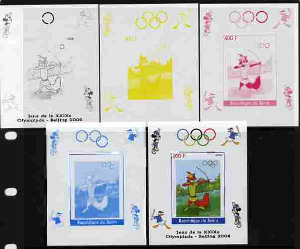 Benin 2008 Beijing Olympics - Disney Characters - Archery individual deluxe sheet - the set of 5 imperf progressive proofs comprising the 4 individual colours plus all 4-colour composite, unmounted mint , stamps on disney, stamps on olympics, stamps on baseball, stamps on sport, stamps on archery