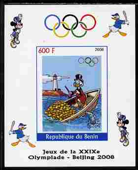 Benin 2008 Beijing Olympics - Disney Characters - Rowing, Gold Coins & Lighthouse imperf individual deluxe sheet unmounted mint. Note this item is privately produced and ..., stamps on disney, stamps on olympics, stamps on baseball, stamps on sport, stamps on rowing, stamps on coins.lighthouses