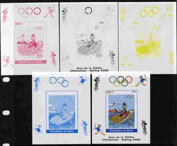 Benin 2008 Beijing Olympics - Disney Characters - Rowing, Gold Coins & Lighthouse individual deluxe sheet - the set of 5 imperf progressive proofs comprising the 4 indivi..., stamps on disney, stamps on olympics, stamps on baseball, stamps on sport, stamps on rowing, stamps on coins.lighthouses