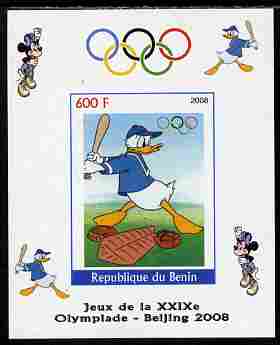 Benin 2008 Beijing Olympics - Disney Characters - Baseball imperf individual deluxe sheet unmounted mint. Note this item is privately produced and is offered purely on it..., stamps on disney, stamps on olympics, stamps on baseball, stamps on sport, stamps on 