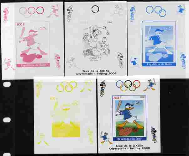 Benin 2008 Beijing Olympics - Disney Characters - Baseball individual deluxe sheet - the set of 5 imperf progressive proofs comprising the 4 individual colours plus all 4..., stamps on disney, stamps on olympics, stamps on baseball, stamps on sport, stamps on 