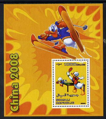 Somalia 2006 Beijing Olympics (China 2008) #03 - Donald Duck Sports - Table Tennis & Skiing perf souvenir sheet unmounted mint. Note this item is privately produced and i..., stamps on disney, stamps on entertainments, stamps on films, stamps on cinema, stamps on cartoons, stamps on sport, stamps on stamp exhibitions, stamps on table tennis, stamps on skiing, stamps on olympics