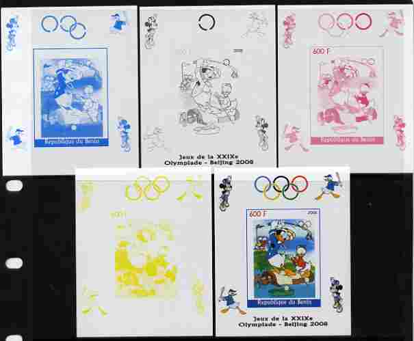 Benin 2008 Beijing Olympics - Disney Characters - Golf individual deluxe sheet - the set of 5 imperf progressive proofs comprising the 4 individual colours plus all 4-colour composite, unmounted mint , stamps on disney, stamps on olympics, stamps on baseball, stamps on sport, stamps on golf